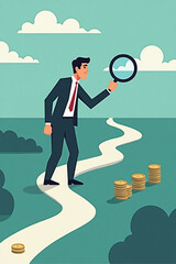 Businessman Using Magnifying Glass to Track Money Trail vector::9, navigating path to financial success and company growth