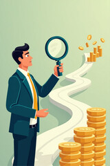 Businessman Using Magnifying Glass to Track Money Trail vector::9, navigating path to financial success and company growth