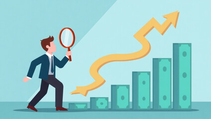 Businessman Using Magnifying Glass to Track Money Trail vector::9, navigating path to financial success and company growth