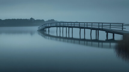 A sleek and modern wooden bridge extending over a calm lake, captured at dusk, soft ambient lighting