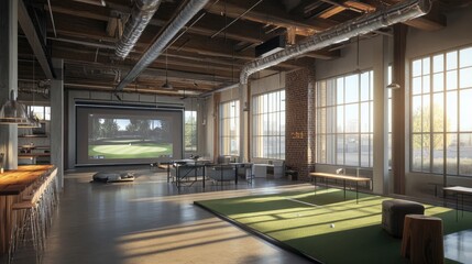 Modern Loft Interior with Golf Simulator and Putting Green