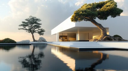 Obraz premium Modern Minimalist House with Reflecting Pool and Bonsai Trees at Sunset