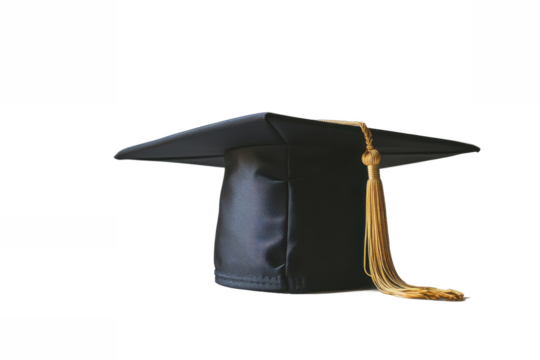 realistic mortar board hat with golden tassel. Graduation cap. University graduation black hat