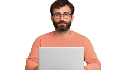 Bearded man wearing orange sweater using a laptop on a transparent background