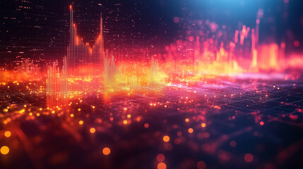 Naklejka premium Abstract visual representation of sound waves filled with bright colors and lights. This vibrant setting embodies technology and creativity in a modern digital space