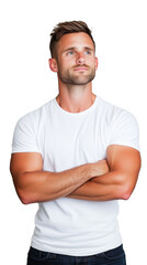 Fototapeta premium Muscular man in white t-shirt standing confidently with arms crossed on transparent background