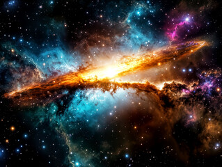 Obraz premium A stunning display of vivid colors illuminates a cosmic nebula in deep space, showcasing swirling gases, bright stars, and mysterious celestial formations during a stellar event.
