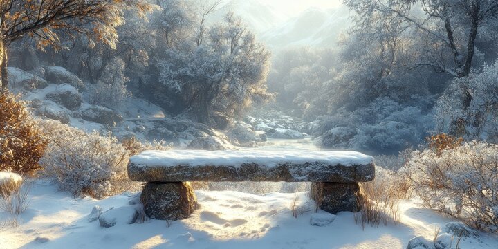Serene Winter Scene: Snow-Covered Bench in a Magical Forest