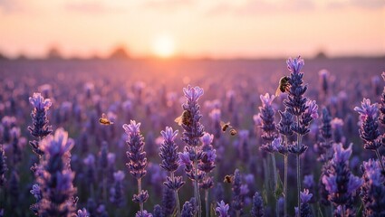 Obraz premium Tranquil lavender field at sunset with bees and butterflies