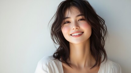 Fototapeta premium Beautiful Young Woman Smiling Radiantly Against a Soft Background in a Natural Setting