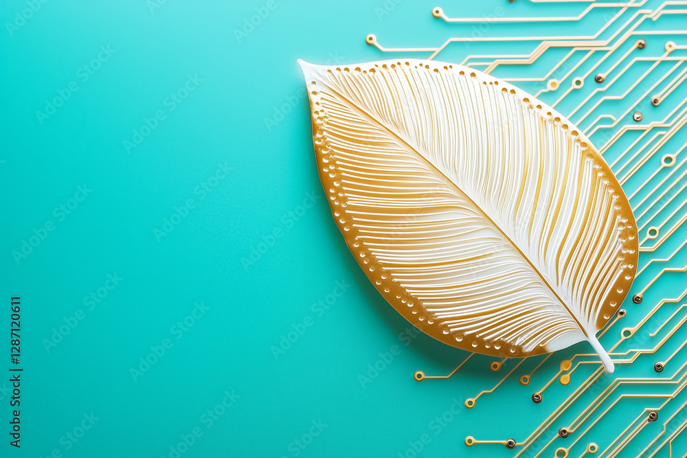 Aufkleber a golden leaf rests on a turquoise background while intricate circuit lines create a modern feel. th