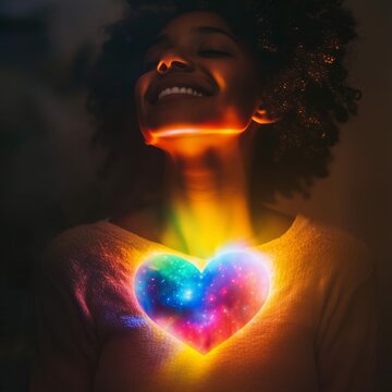 Young Woman with Afro and Glowing Rainbow Heart Illustration