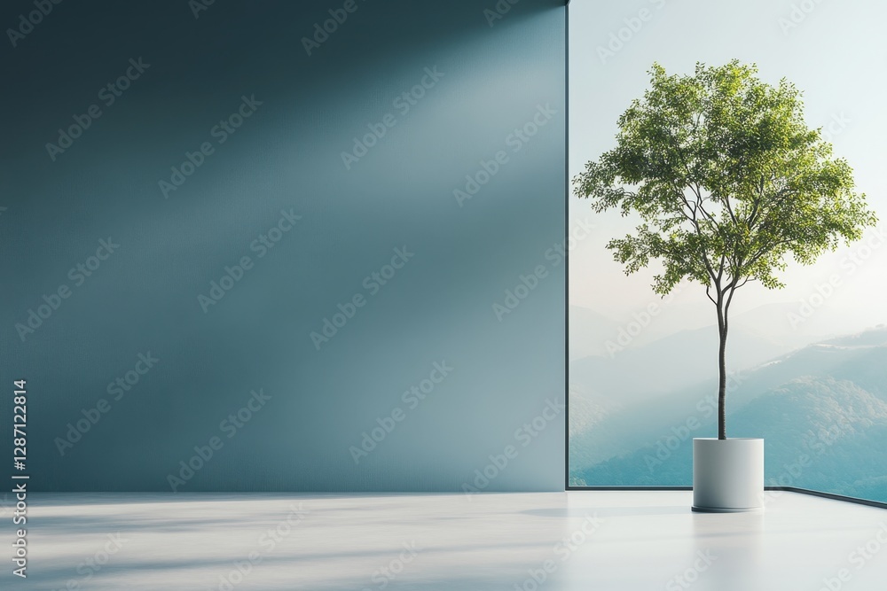 Poster minimalist indoor space featuring a tree near a large window with a mountain view