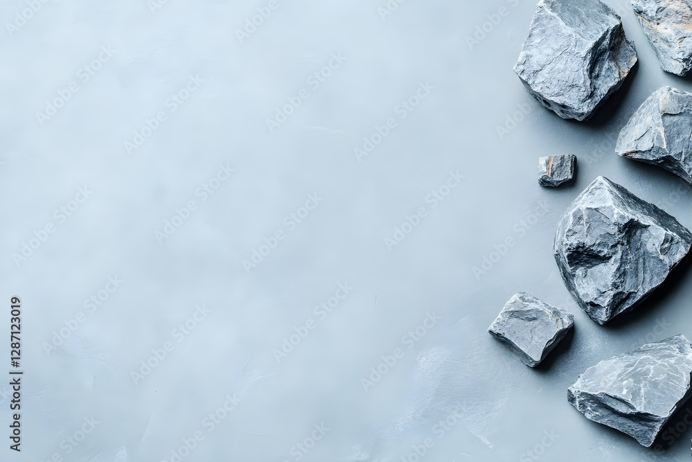 Poster raw stone chunks and broken rocks on gray concrete background with copy space. natural mineral textu