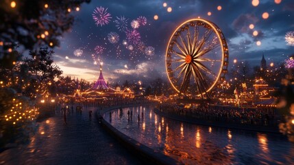 Enchanting Fairground with Ferris Wheel and Fireworks Over Water. Generative AI