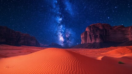 Obraz premium Majestic Wadi Rum Desert Landscape at Night with Stunning Milky Way Over Red Sand Dunes in Jordan Valley of the Moon