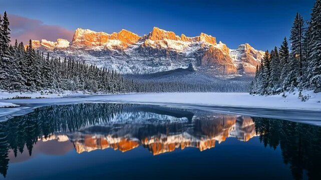 Majestic Mountain Reflection on Frozen Lake at Sunrise, Winter Wonderland