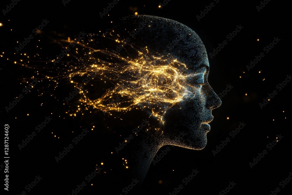 Poster Complex neural connections illustrated through a glowing profile representing artificial intelligence and cybernetic evolution. Generative AI