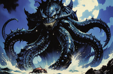 heroic fantasy portrait of an epic kraken creature with powerful tentacles dragging ships into the dark abyss mythical ocean beast captivating marine legend dramatic underwater scene enchanting charac