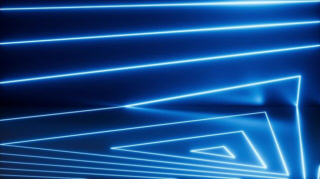 cycled 3d animation. Abstract minimalist blue neon background. Glowing lines spin and rotate inside the dark room. Motion design of geometric pattern
