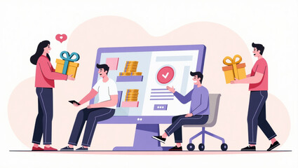 Customers Enjoying Cash Back Rewards and Loyalty Gifts from Online Shopping