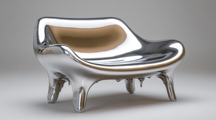Futuristic Chrome Chair with Fluid Shape and Reflective Metallic Finish. Generative AI