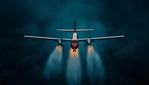 Flugzeug fliegt durch neblige W&auml;lder, verbreitet Wasser f&uuml;r die Feuerwehr

