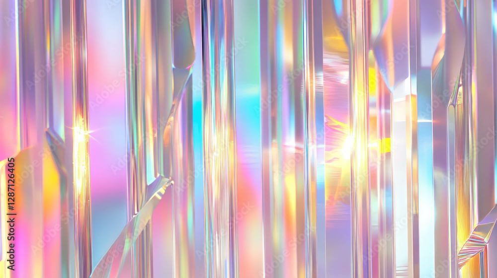 Poster Multicolored sharp vertical ribbed transparent plastic texture with light reflections