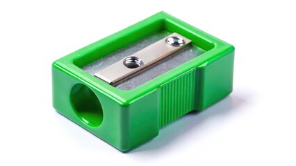 Obraz premium Green Plastic Pencil Sharpener on White Background