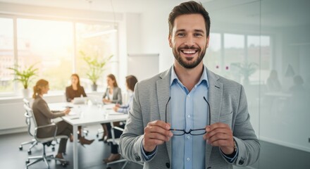Fototapeta premium Hyperrealistic young businessman radiates cheerful confidence in modern office