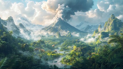 Prehistoric Volcanic Landscape With Dinosaurs Roaming