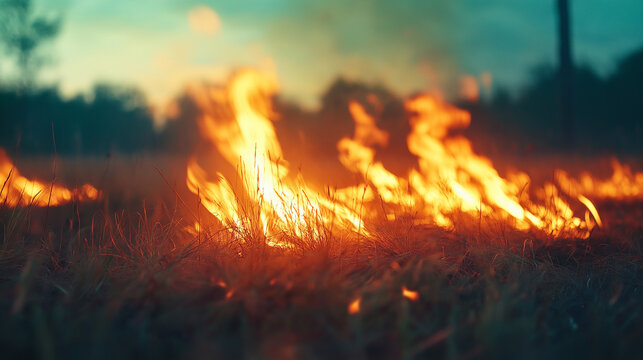 Flammenlodern breiten sich &uuml;ber trockene Wiese unter dramatischem Himmel

