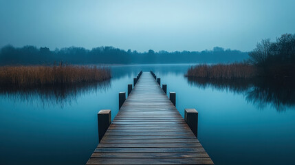 Obraz premium A sleek and modern wooden bridge extending over a calm lake, captured at dusk, soft ambient lighting