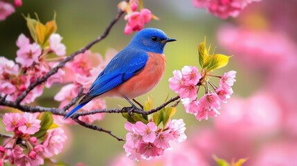 Fototapeta premium Vibrant Blue Bird Perched on Pink Flowering Cherry Blossom Branch