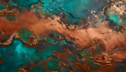 Naklejka premium Abstract background of richly textured oxidized copper surface with shades deep brown and blue-green patina