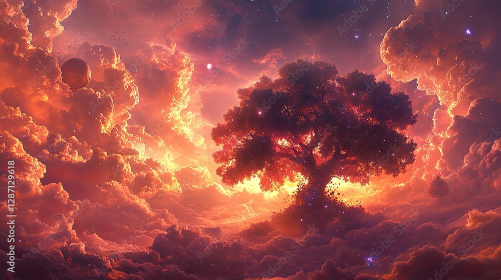 Poster a large tree surrounded by the clouds and distant space