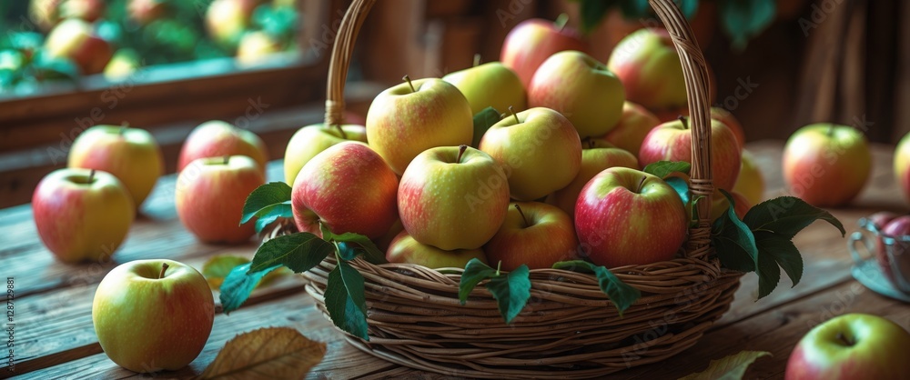 Poster fresh jonagold apples in a rustic basket on a wooden table with natural light creating a warm and in