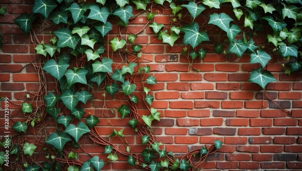 Poster lush green ivy crawling over a rustic red brick wall creating a vibrant natural contrast in a serene