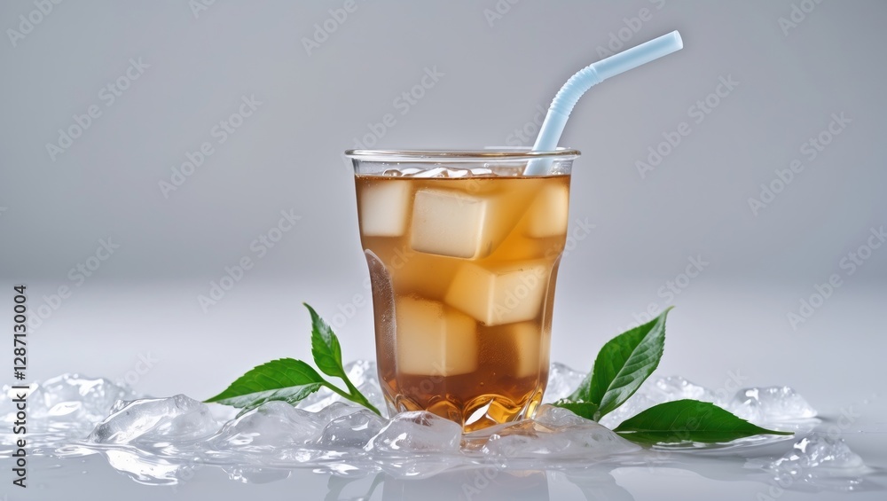 Poster refreshing iced oolong tea with ice cubes and straw on a white background featuring fresh green tea 