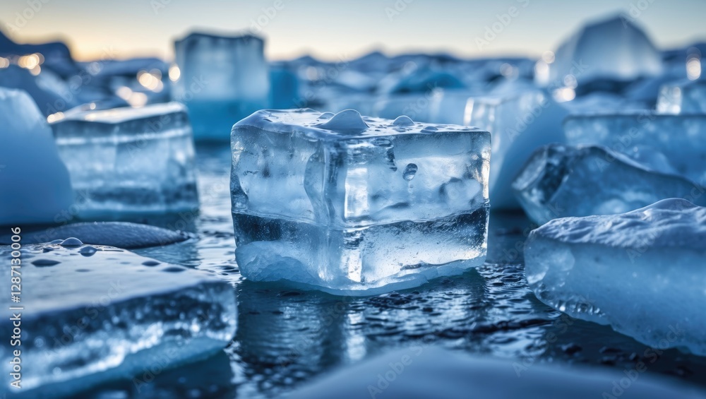 Aufkleber Glacier ice blocks on a reflective surface with shallow depth showcasing intricate textures and cool blue tones in a serene natural setting