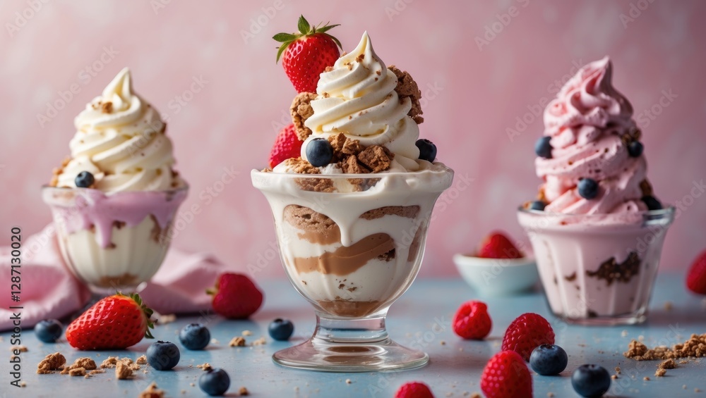 Poster delicious ice cream sundae with berry toppings and creamy swirls on a colorful background suitable f