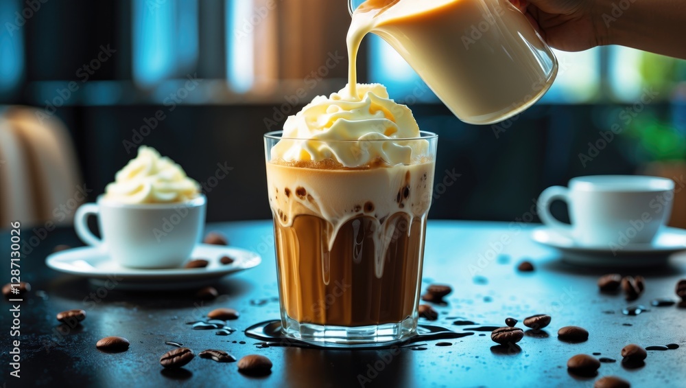 Poster Iced coffee topped with whipped cream and cream being poured, showcasing texture and refreshment on a black table with empty space for text.