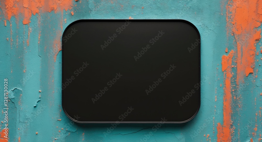 Poster Black rectangular patch with rounded edges on a textured turquoise and orange background for design and advertising use.
