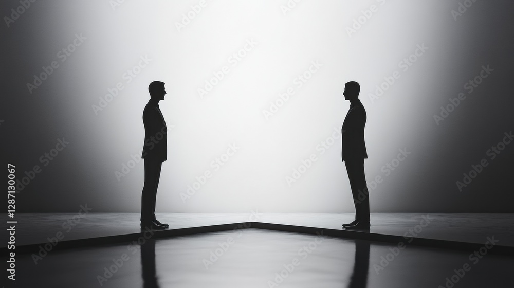 Leinwandbilder two silhouetted figures facing each other in a minimalist setting with dramatic lighting and reflect