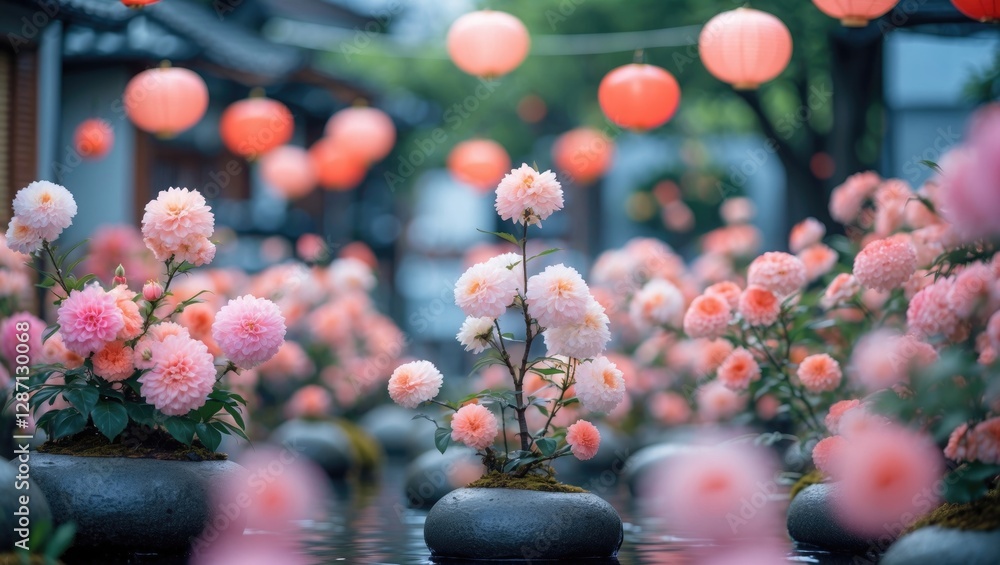 Poster japanese garden with soft pink flowers and decorative lanterns creating a serene atmosphere with spa