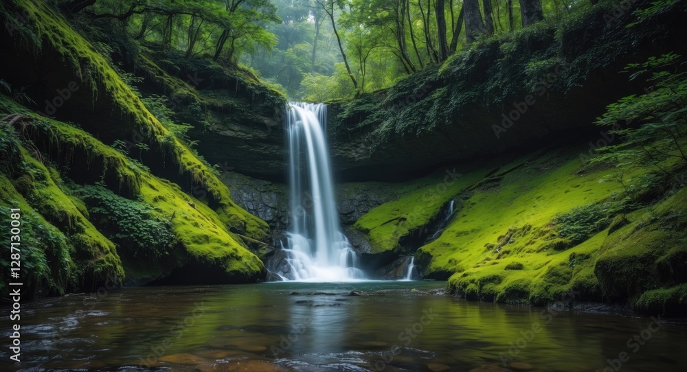 Aufkleber serene hidden waterfall cascading through lush green forest surrounded by moss and tranquil pool on 