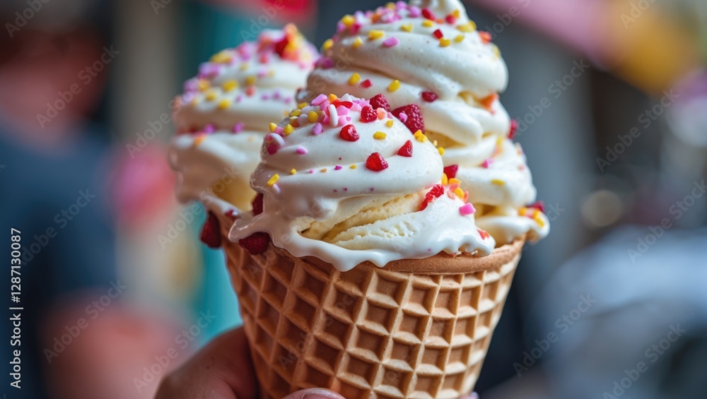 Poster three delicious ice cream cones topped with whipped cream and colorful sprinkles held by a hand in a