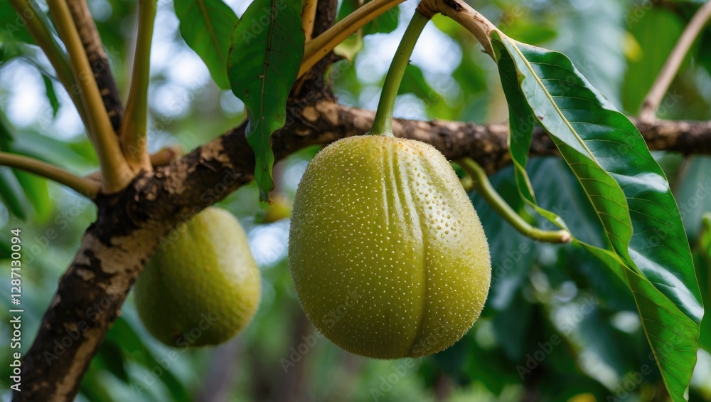 Aufkleber jackfruit hanging from its tree surrounded by green leaves showcasing the tropical fruit's unique te