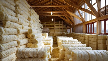 Interior view of an insulated storage space featuring stacked rolls of glass wool insulation material in a wooden structure.