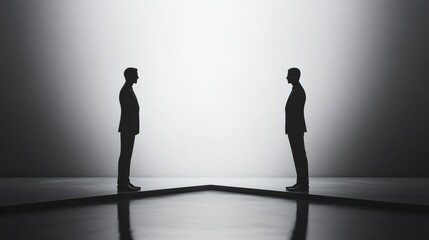 Fototapeta premium Two silhouetted figures facing each other in a minimalist setting with dramatic lighting and reflections on the floor. Generative AI